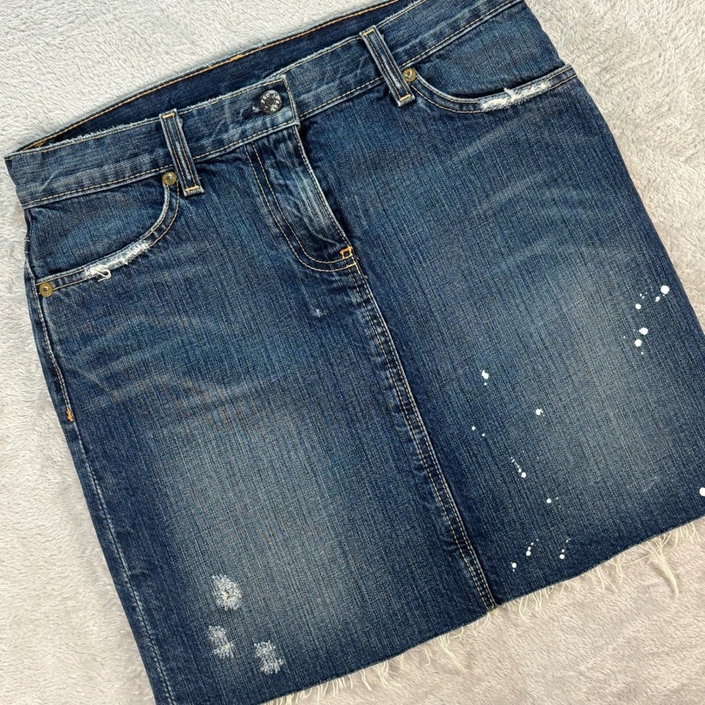 Vintage J. Crew Womens Denim Mini Skirt Paint Splatter Raw Hem Made in USA Sz 27